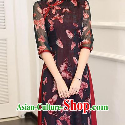 Traditional Chinese Classical Printing Butterfly Black Cheongsam National Costume Tang Suit Qipao Dress for Women