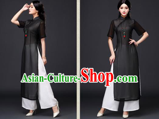 Traditional Chinese Classical Black Veil Cheongsam National Costume Tang Suit Qipao Dress for Women