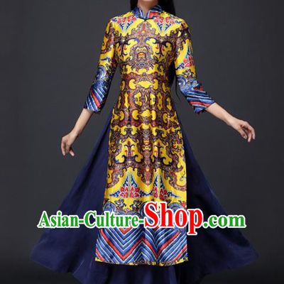 Traditional Chinese Classical Printing Dragons Yellow Cheongsam National Costume Tang Suit Qipao Dress for Women