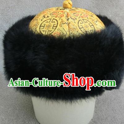 Chinese Ancient Drama Emperor Winter Hat Traditional Qing Dynasty Royal Highness Headwear for Men
