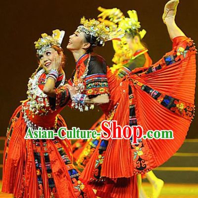 Traditional Chinese Miao Nationality Dance Costume Ethnic Stage Show Red Dress for Women