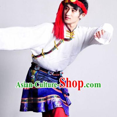 Chinese Traditional Zang Nationality Dance White Costume Tibetan Ethnic Folk Dance Stage Show Clothing for Men