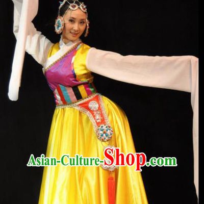 Traditional Chinese Zang Nationality Yellow Costume Tibetan Ethnic Dance Stage Show Dress for Women