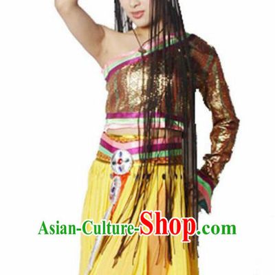 Traditional Chinese Zang Nationality Yellow Dress Tibetan Ethnic Dance Stage Show Costume for Women