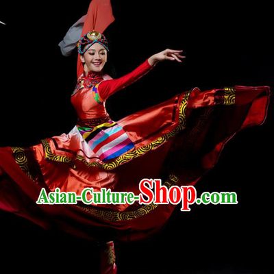 Traditional Chinese Zang Nationality Dance Red Dress Tibetan Ethnic Dance Stage Show Costume for Women