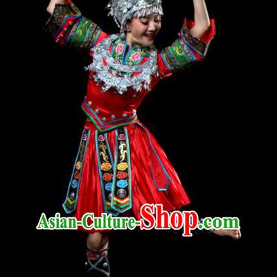 Traditional Chinese Miao Nationality Dance Red Dress Hmong Ethnic Dance Stage Show Costume for Women
