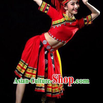 Traditional Chinese Yao Nationality Dance Red Dress Ethnic Dance Stage Show Costume for Women