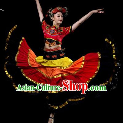 Traditional Chinese Yi Nationality Dance Red Dress Ethnic Dance Stage Show Costume for Women