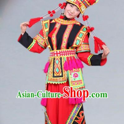 Traditional Chinese Yi Nationality Dance Red Costume Ethnic Wedding Stage Show Dress for Women