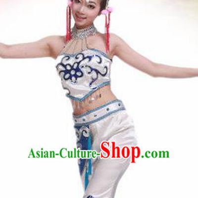 Traditional Chinese Yi Nationality Dance White Costume Ethnic Stage Show Dress for Women