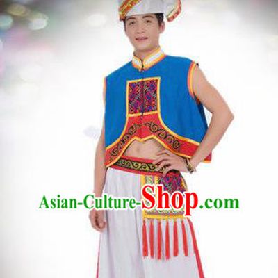 Traditional Chinese Yi Nationality Dance Blue Costume Ethnic Stage Show Clothing for Men