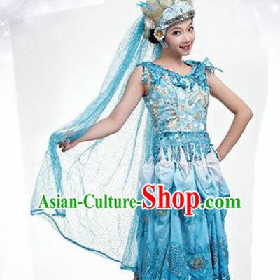 Traditional Chinese Classical Dance Blue Costume Opening Dance Stage Show Dress for Women