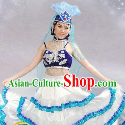 Traditional Chinese Kazak Nationality Dance Costume Ethnic Dance Stage Show White Dress for Women