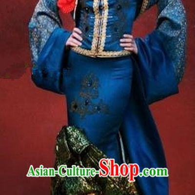 Traditional Chinese Mongol Nationality Blue Costume Mongolian Ethnic Stage Show Dress for Women