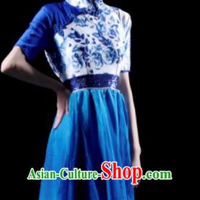 Chinese Classical Dance Chorus Costume Traditional Stage Show Fan Dance Royalblue Dress for Women