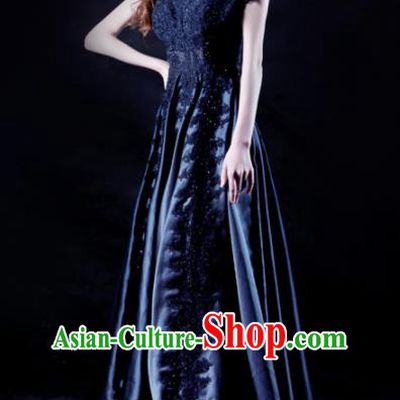 Chinese Chorus Competition Costume Traditional Stage Show Dance Navy Dress for Women