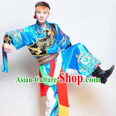 Traditional Chinese Mongol Nationality Blue Costume Mongolian Ethnic Dance Stage Show Clothing for Men