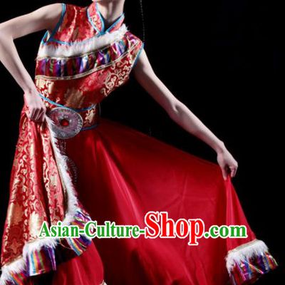 Traditional Chinese Zang Nationality Red Costume Tibetan Ethnic Dance Stage Show Dress for Women