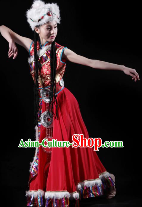 Traditional Chinese Zang Nationality Red Costume Tibetan Ethnic Dance Stage Show Dress for Women Traditional Chinese Zang Nationality Red Costume Tibetan Ethnic Dance Stage Show Dress for Women