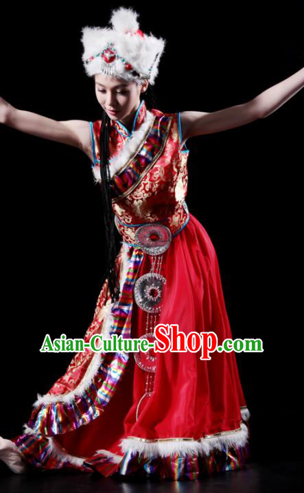 Traditional Chinese Zang Nationality Red Costume Tibetan Ethnic Dance Stage Show Dress for Women Traditional Chinese Zang Nationality Red Costume Tibetan Ethnic Dance Stage Show Dress for Women