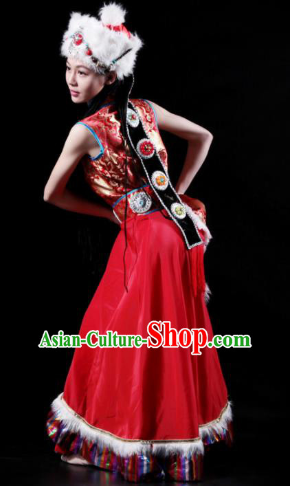 Traditional Chinese Zang Nationality Red Costume Tibetan Ethnic Dance Stage Show Dress for Women Traditional Chinese Zang Nationality Red Costume Tibetan Ethnic Dance Stage Show Dress for Women