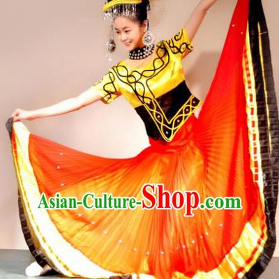 Traditional Chinese Yi Nationality Orange Costume Ethnic Dance Stage Show Dress for Women