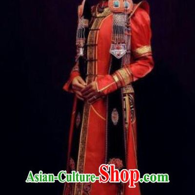 Traditional Chinese Mongol Nationality Bride Red Brocade Dress Mongolian Ethnic Wedding Stage Show Costume for Women