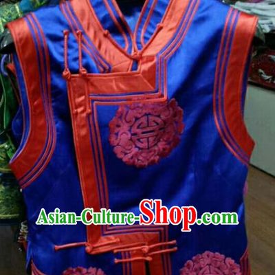 Traditional Chinese Mongol Nationality Royalblue Brocade Vest Mongolian Ethnic Stage Show Costume for Women