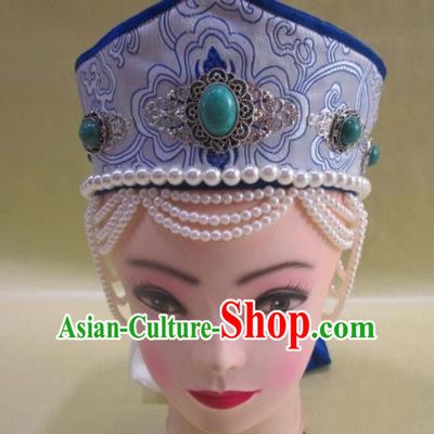 Traditional Chinese Mongol Nationality Hair Accessories Mongolian Ethnic Blue Hat for Women