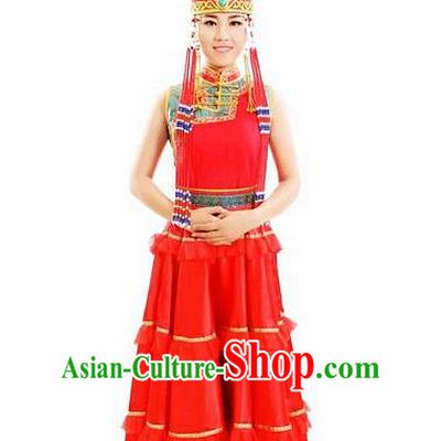 Traditional Chinese Mongol Nationality Wedding Red Dress Mongolian Ethnic Dance Costume and Hat for Women