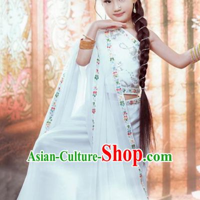 Indian Traditional Dance Costumes India Belly Dance Stage Show White Dress for Kids