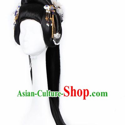 Chinese Traditional Tang Dynasty Imperial Consort Wigs and White Flower Hairpins Ancient Peri Princess Hair Accessories for Women