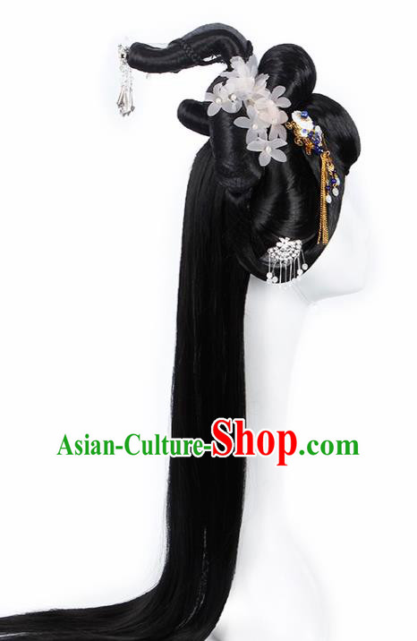 Chinese Traditional Tang Dynasty Court Lady Wigs and White Flower Hairpins Ancient Peri Princess Hair Accessories for Women Chinese Traditional Tang Dynasty Court Lady Wigs and White Flower Hairpins Ancient Peri Princess Hair Accessories for Women