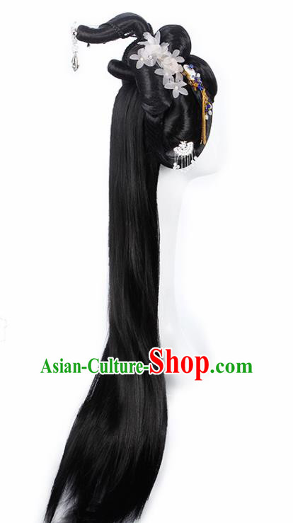 Chinese Traditional Tang Dynasty Court Lady Wigs and White Flower Hairpins Ancient Peri Princess Hair Accessories for Women Chinese Traditional Tang Dynasty Court Lady Wigs and White Flower Hairpins Ancient Peri Princess Hair Accessories for Women