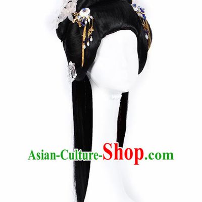 Chinese Traditional Tang Dynasty Court Lady Wigs and White Flower Hairpins Ancient Peri Princess Hair Accessories for Women