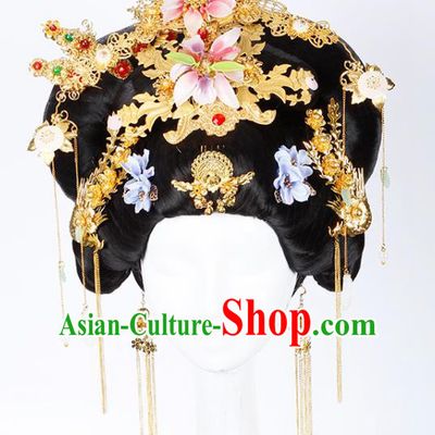 Chinese Traditional Tang Dynasty Queen Wigs and Hairpins Ancient Imperial Consort Hair Accessories for Women