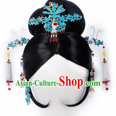 Chinese Traditional Qing Dynasty Queen Wigs and Hairpins Ancient Imperial Consort Hair Accessories for Women