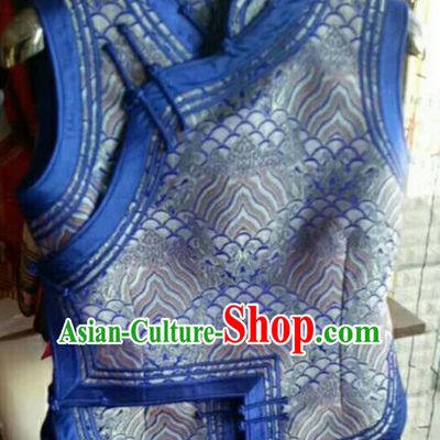 Traditional Chinese Mongol Nationality Blue Brocade Vest Mongolian Ethnic Stage Show Costume for Women