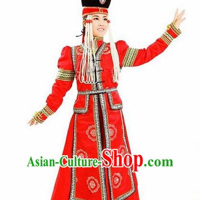 Traditional Chinese Mongol Nationality Red Dress Mongolian Ethnic Dance Costume and Hat for Women