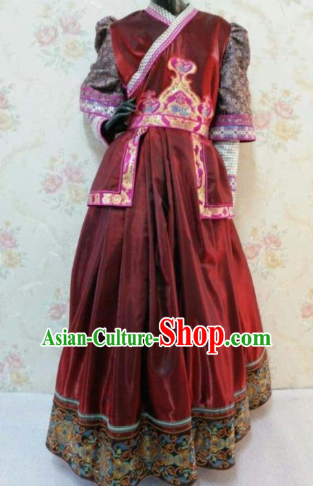 Traditional Chinese Mongol Nationality Stage Show Wine Red Dress Mongolian Ethnic Dance Costume for Women Traditional Chinese Mongol Nationality Stage Show Wine Red Dress Mongolian Ethnic Dance Costume for Women