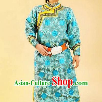 Chinese Traditional Mongol Nationality Costumes Mongolian Ethnic Blue Robe for Men