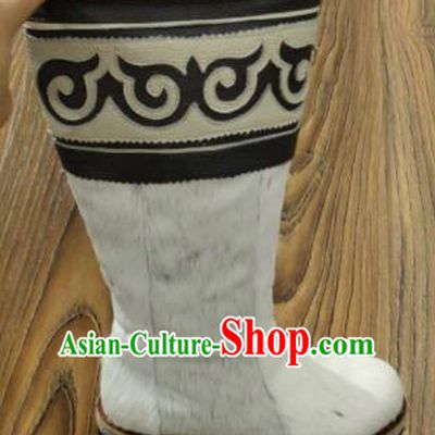 Chinese Traditional Mongol Nationality White Fur Boots Mongolian Ethnic Leather Riding Boots for Men
