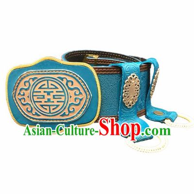 Traditional Chinese Mongol Nationality Blue Leather Belt Mongolian Ethnic Waistband for Men