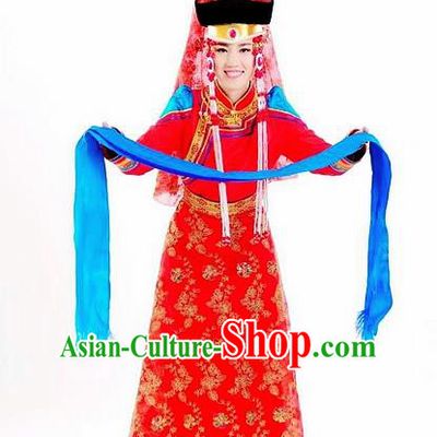 Traditional Chinese Mongol Nationality Wedding Red Dress and Hat Mongolian Ethnic Dance Costume for Women