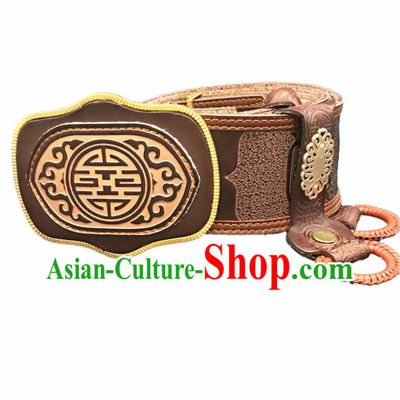 Traditional Chinese Mongol Nationality Brown Leather Belt Mongolian Ethnic Waistband for Men