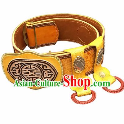Traditional Chinese Mongol Nationality Yellow Leather Belt Mongolian Ethnic Waistband for Men