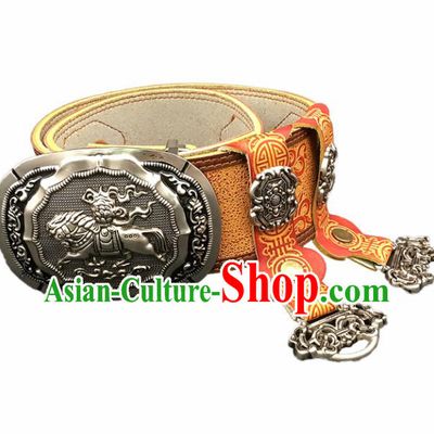 Traditional Chinese Mongol Nationality Orange Leather Belt Mongolian Ethnic Waistband for Men