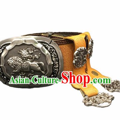 Traditional Chinese Mongol Nationality Yellow Leather Belt Mongolian Ethnic Cupronickel Waistband for Men