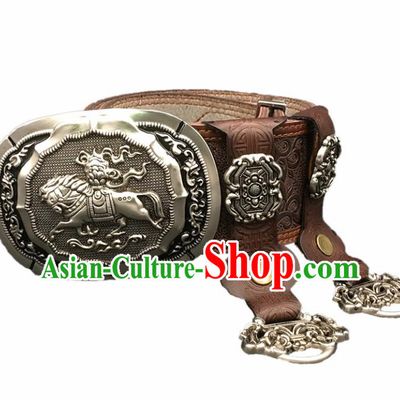 Traditional Chinese Mongol Nationality Brown Leather Belt Mongolian Ethnic Cupronickel Waistband for Men
