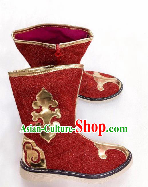 Chinese Traditional Mongol Nationality Red Boots Mongolian Ethnic Leather Riding Boots for Kids Chinese Traditional Mongol Nationality Red Boots Mongolian Ethnic Leather Riding Boots for Kids